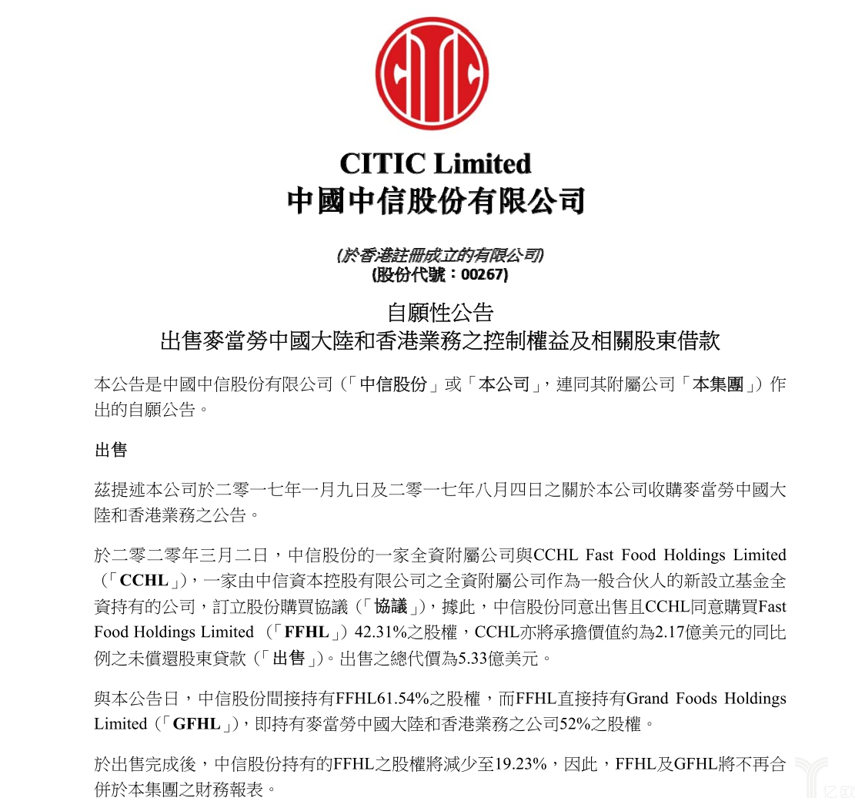 麦当劳中国股份出售